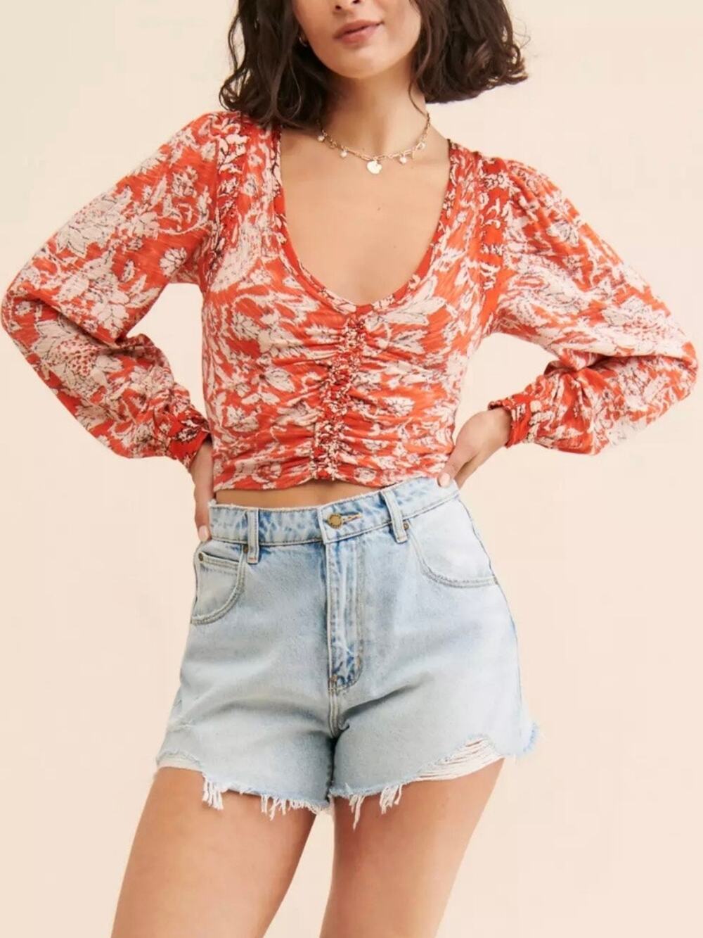 Free People Say The Word Ruched Front Floral Print Top Size Small Orange Black